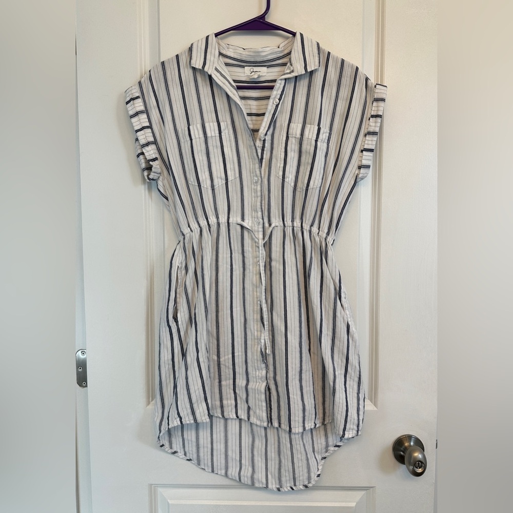 Japna White & Blue Striped Shirt Dress Small Cotton